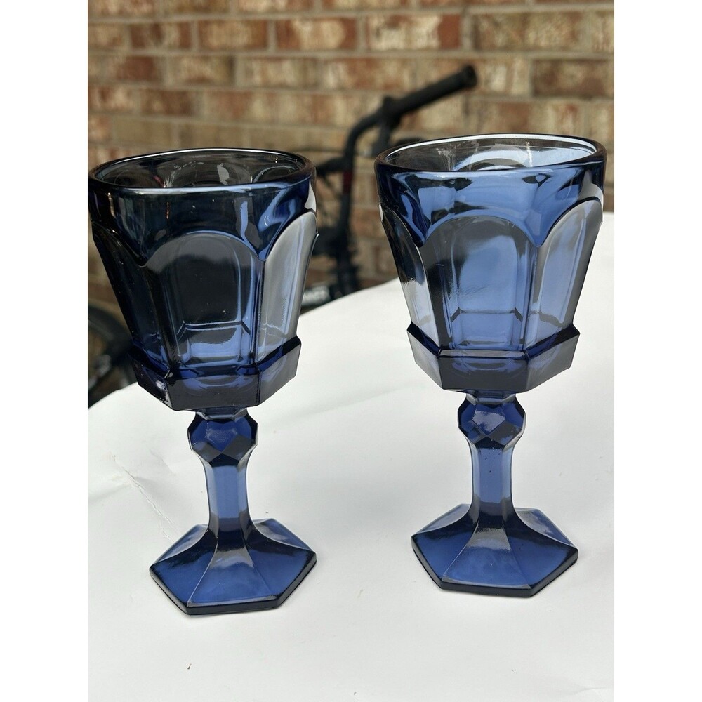 Set of (2) Vintage Fostoria Virginia Dark Blue Wine/Water Goblets - 7.25"